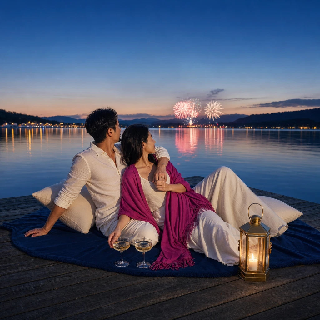 Couple on a lakeside dock watching fireworks at dusk, American Dream experience gift