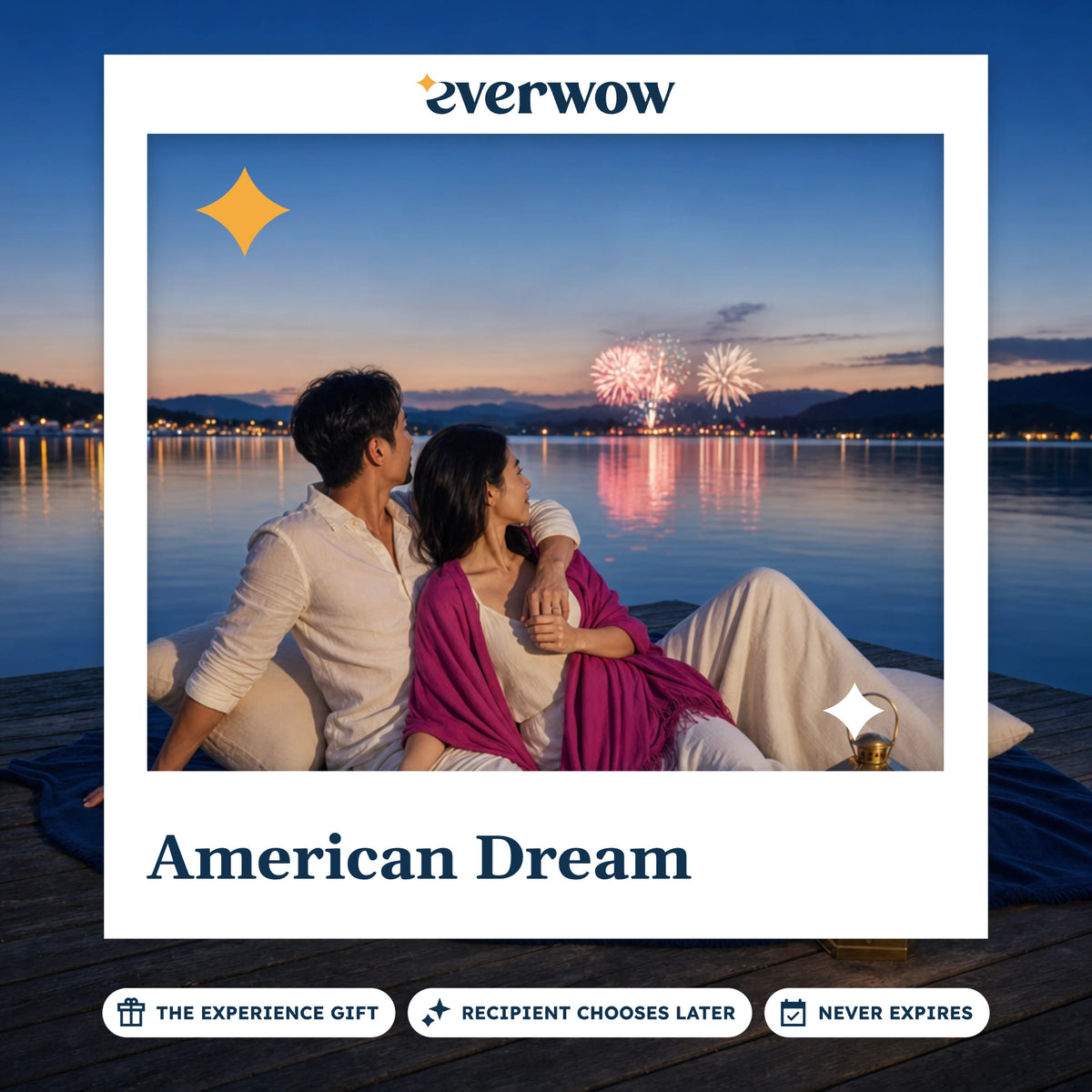 Everwow American Dream experience gift photo in a frame, dockside fireworks at dusk