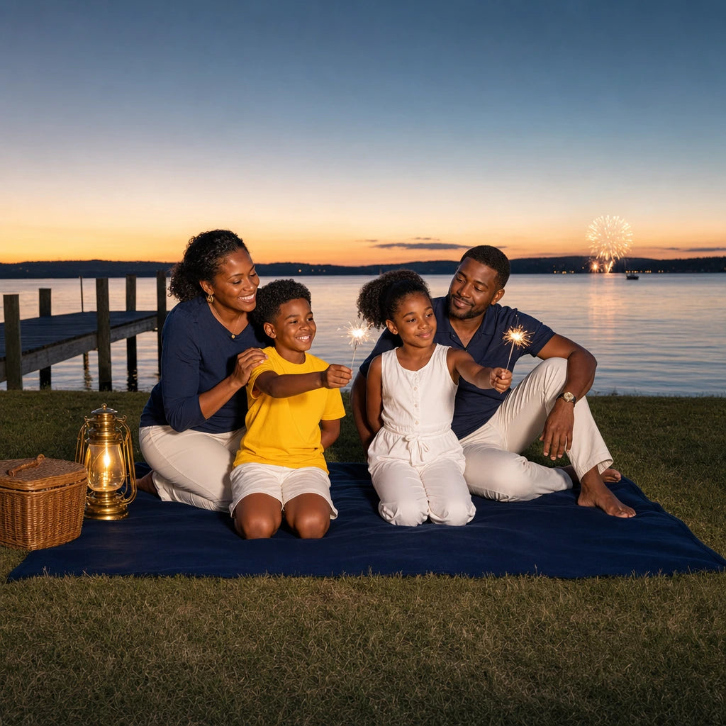 Family of four with sparklers on a lakeshore picnic blanket at dusk, Family Day Magic experience gift