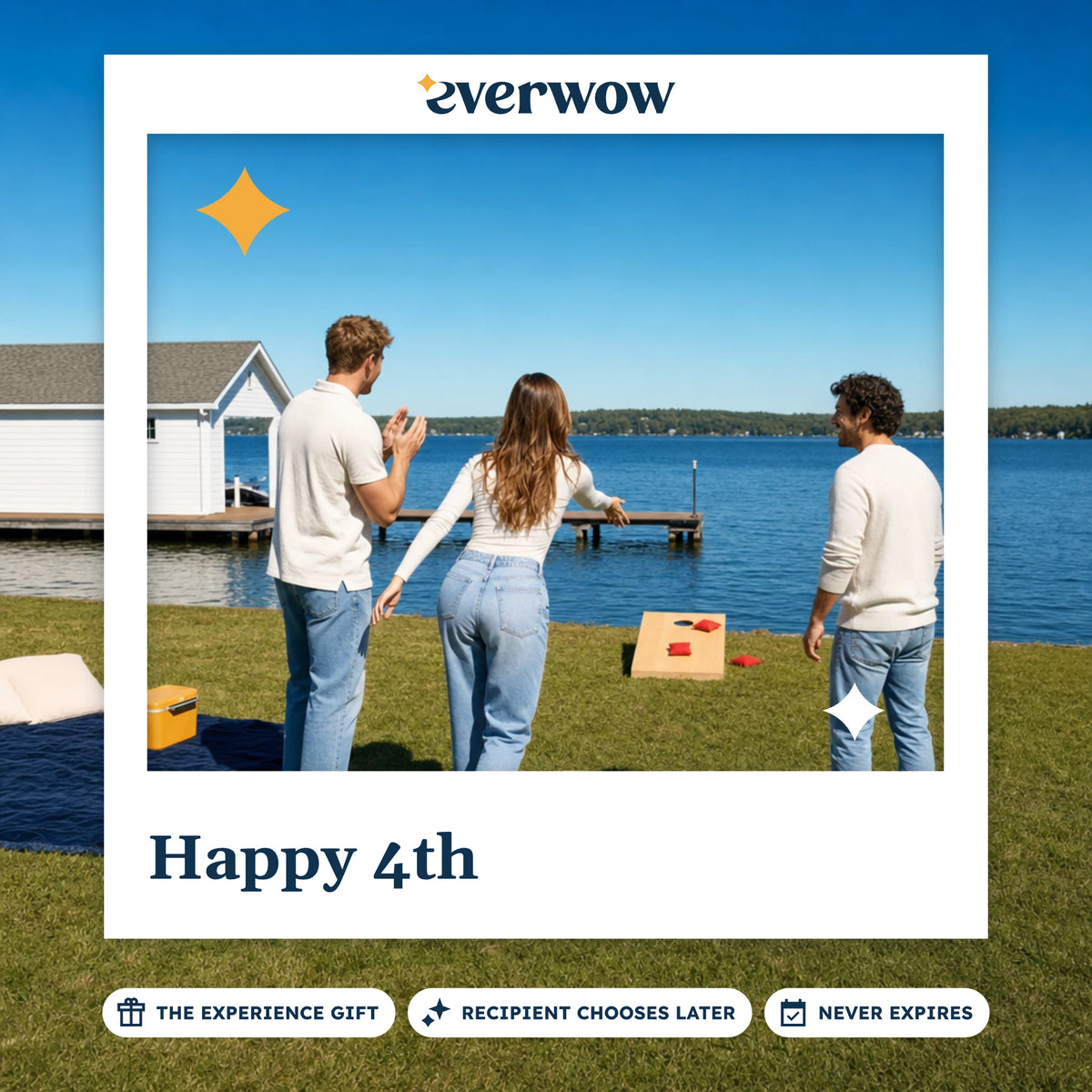 Everwow Happy 4th experience gift photo in a frame, lakeshore cornhole game