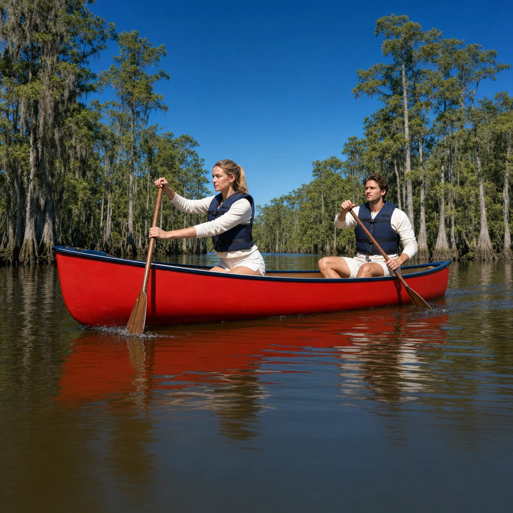 Red canoe gliding between cypress trunks on a still river, Canoeing experience gift