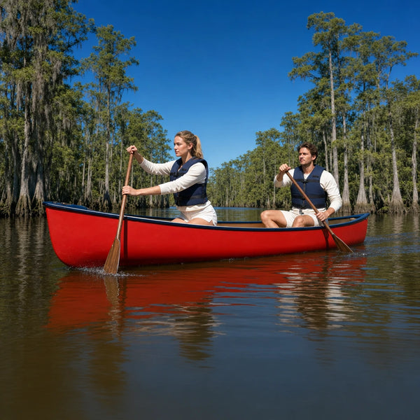Red canoe gliding between cypress trunks on a still river, Canoeing experience gift