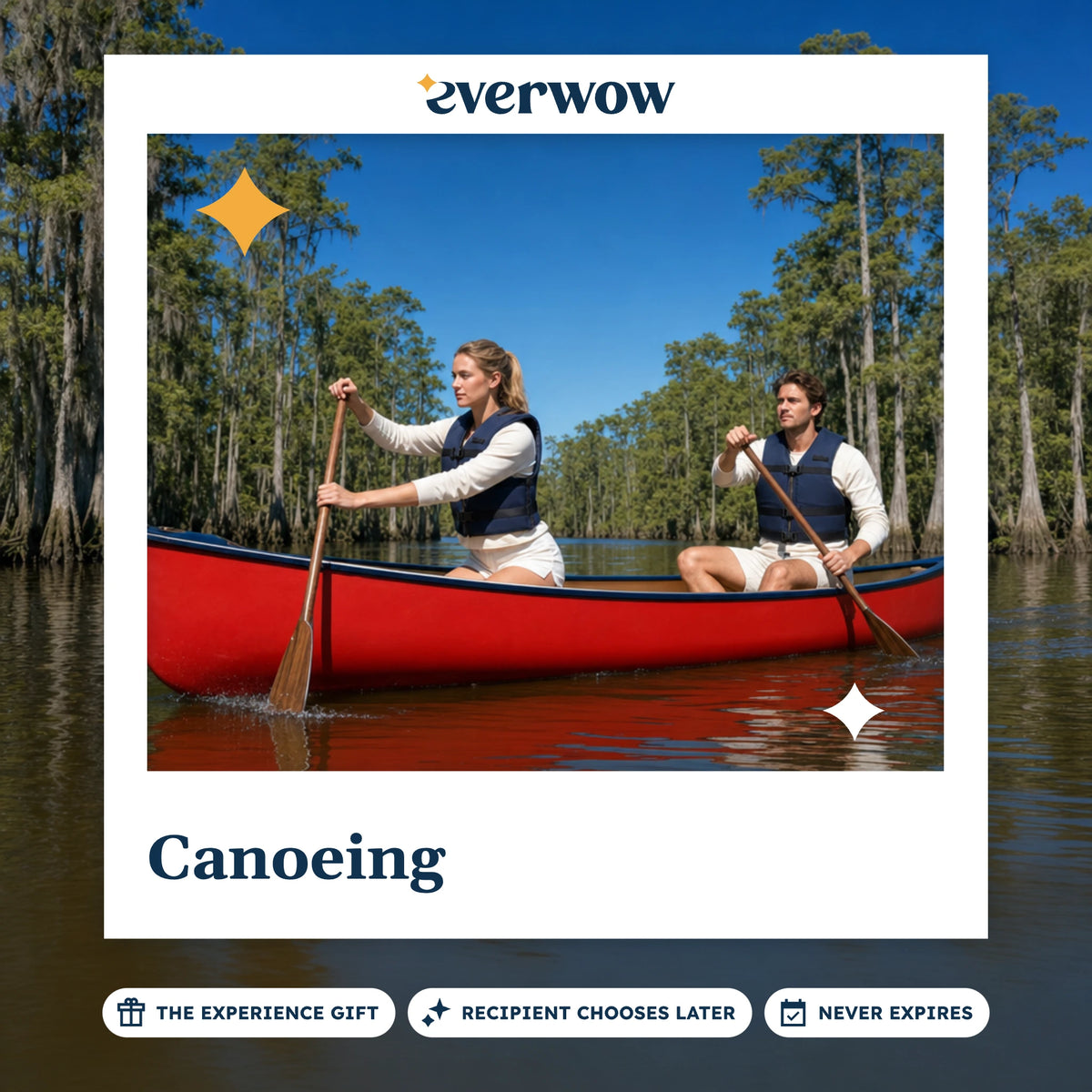Everwow Canoeing experience gift photo in a frame, red canoe among cypress