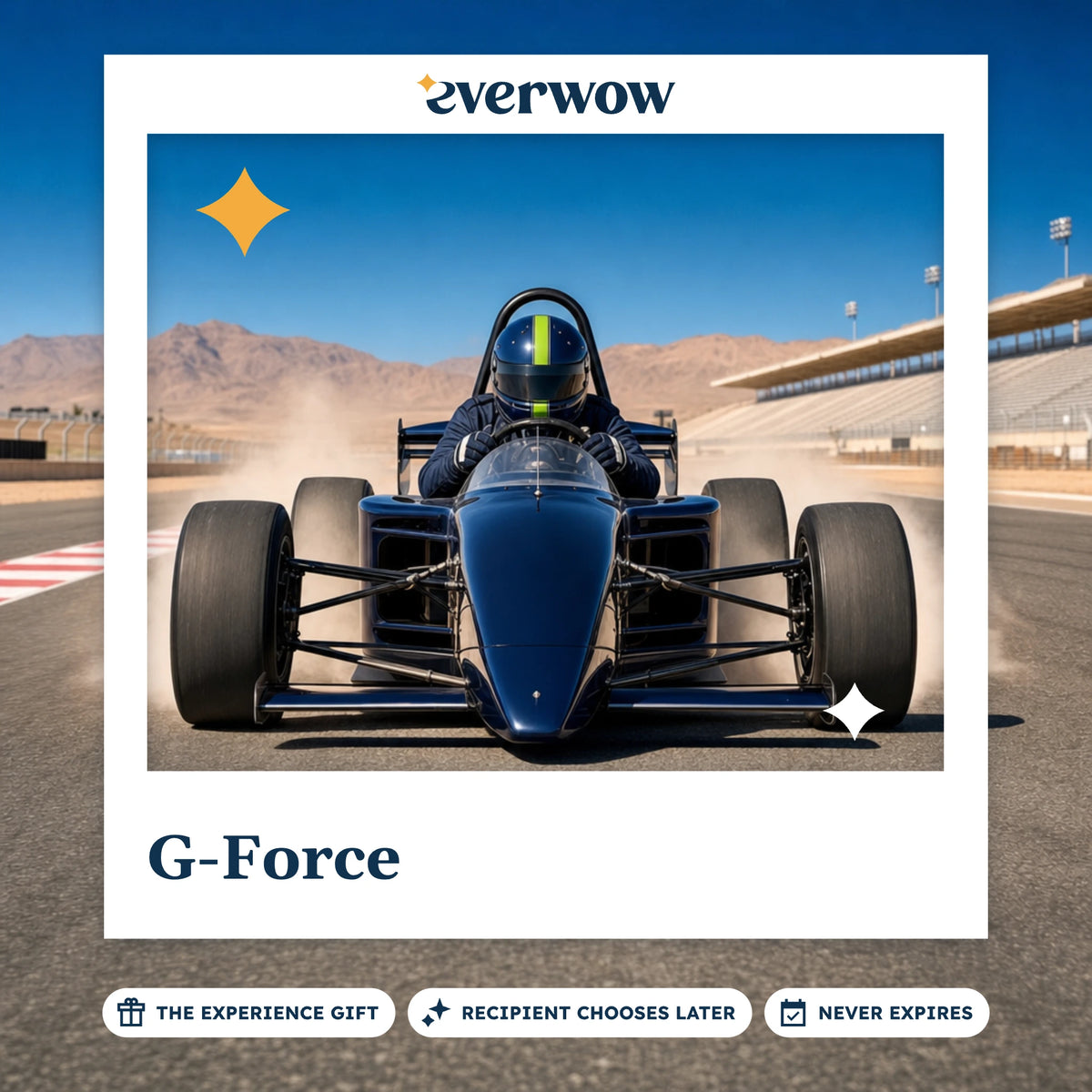 Everwow G-Force experience gift photo in a frame, race car on a desert straight