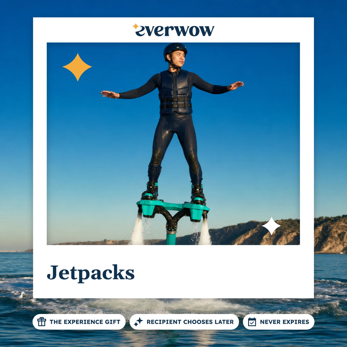 Everwow Jetpacks experience gift photo in a frame, flyboard rider over a bay