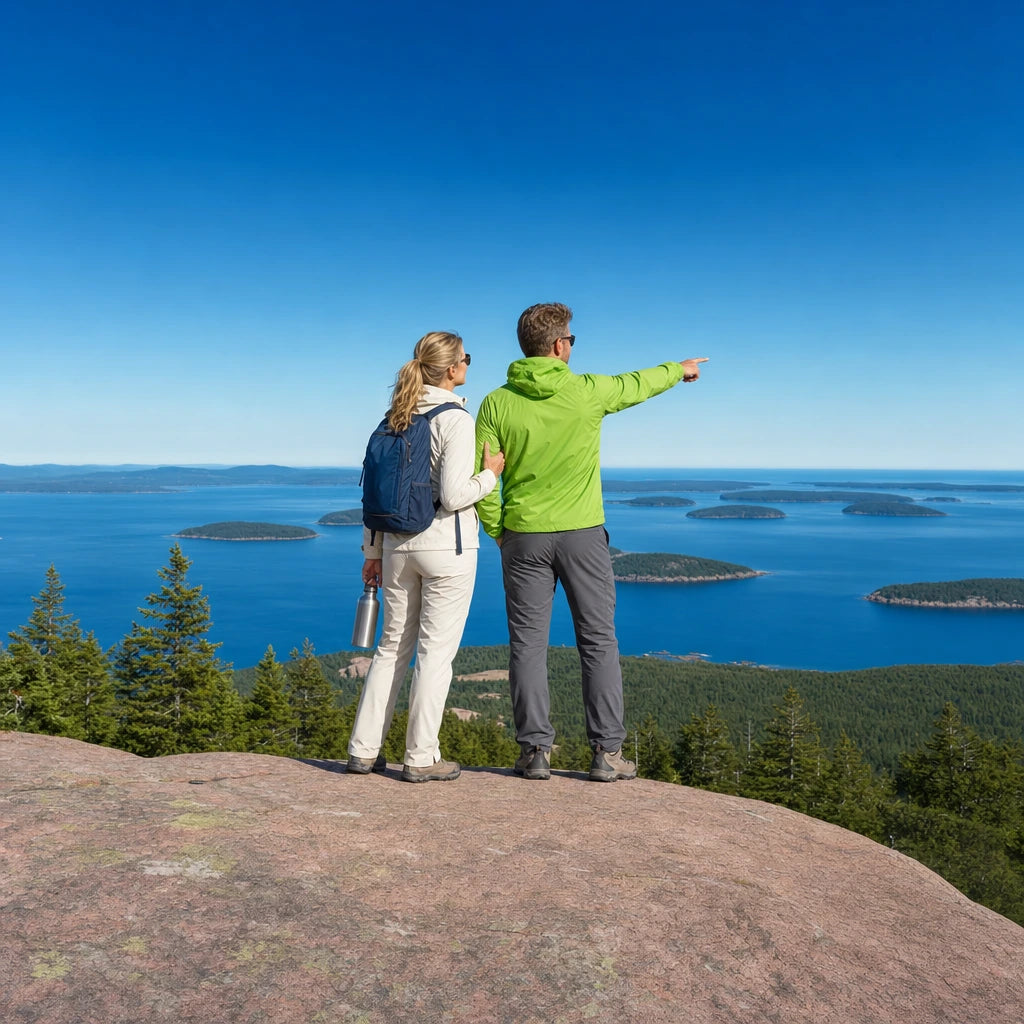 Couple on a granite summit overlooking spruce islands and the Atlantic, Acadia National Park Tour experience gift