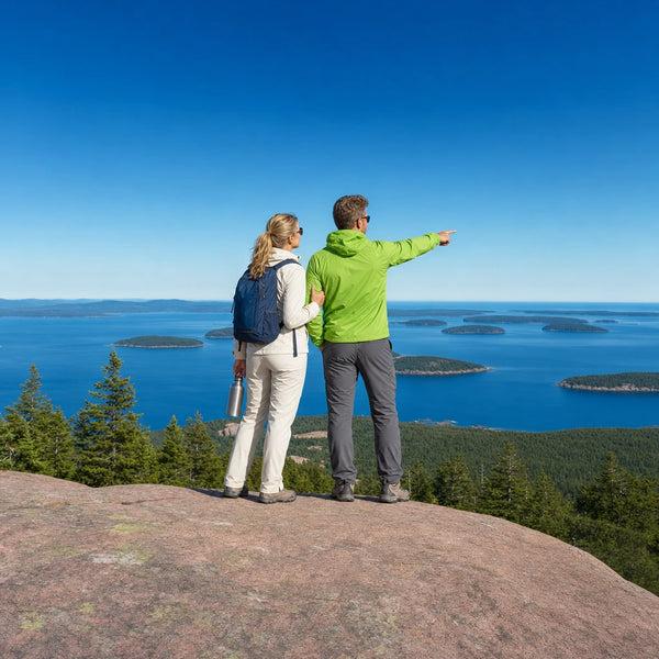Couple on a granite summit overlooking spruce islands and the Atlantic, Acadia National Park Tour experience gift