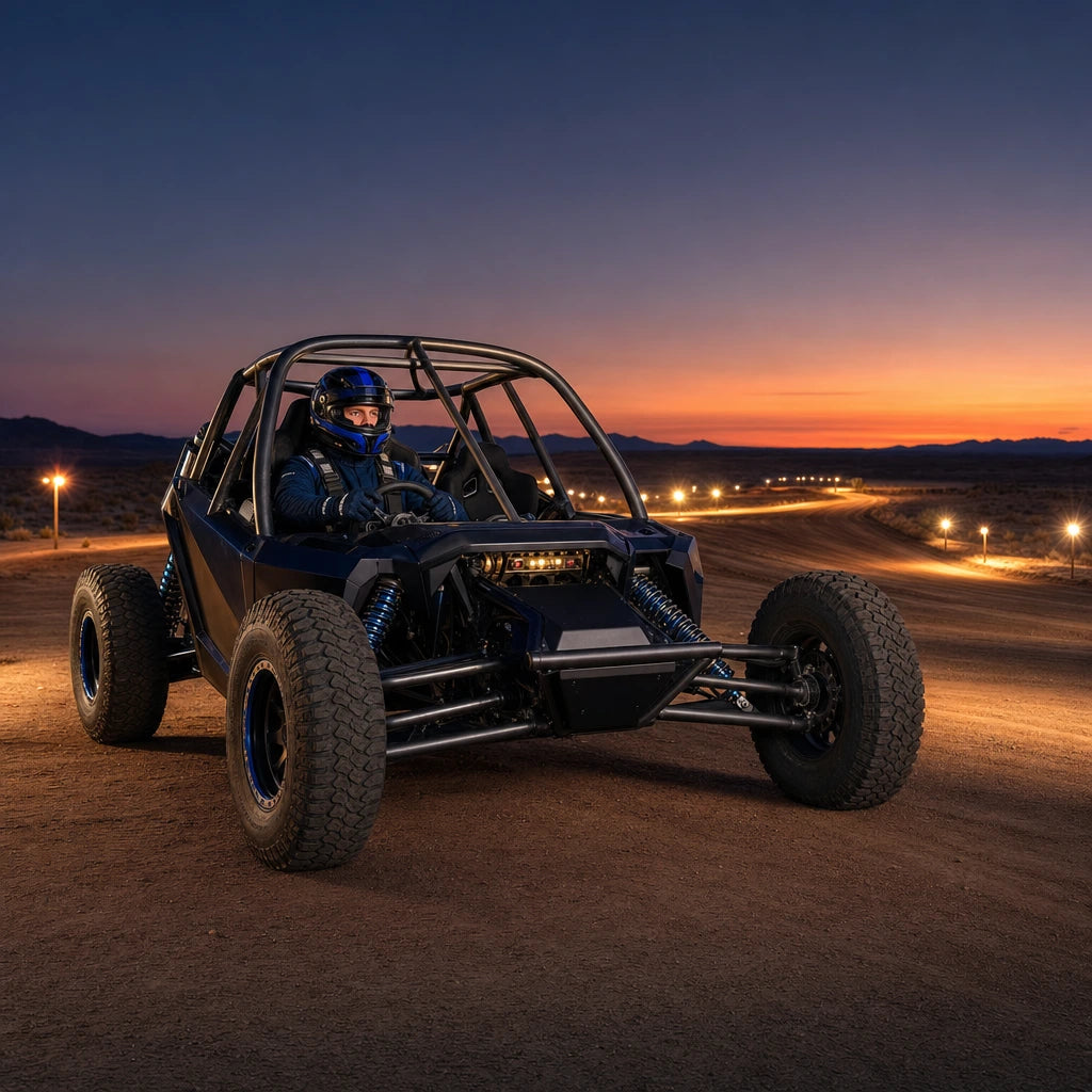 Driver belted into an off-road racing truck on a desert circuit, Buckle Up experience gift