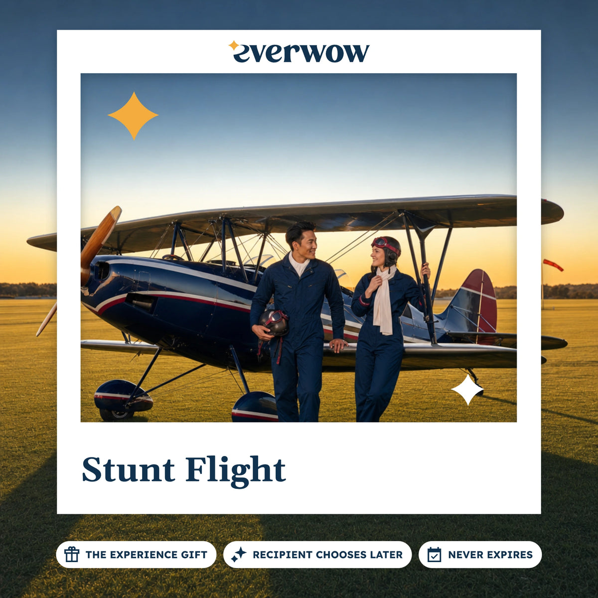 Everwow Stunt Flight experience gift photo in a frame, biplane on a grass airfield