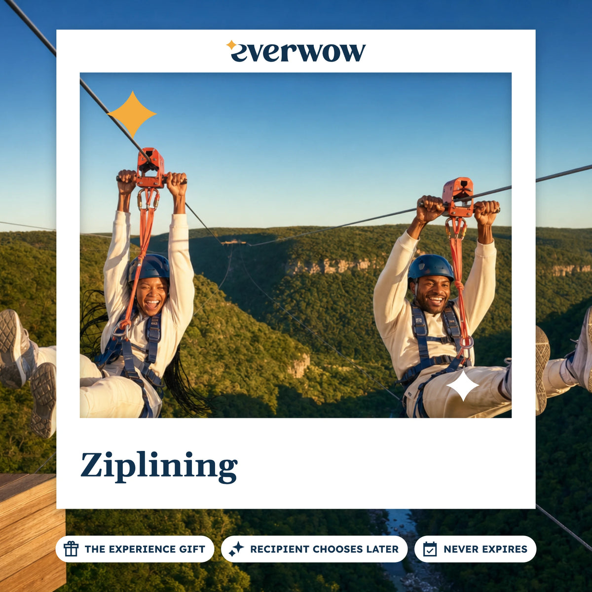 Everwow Ziplining experience gift photo in a frame, friends on forest ziplines