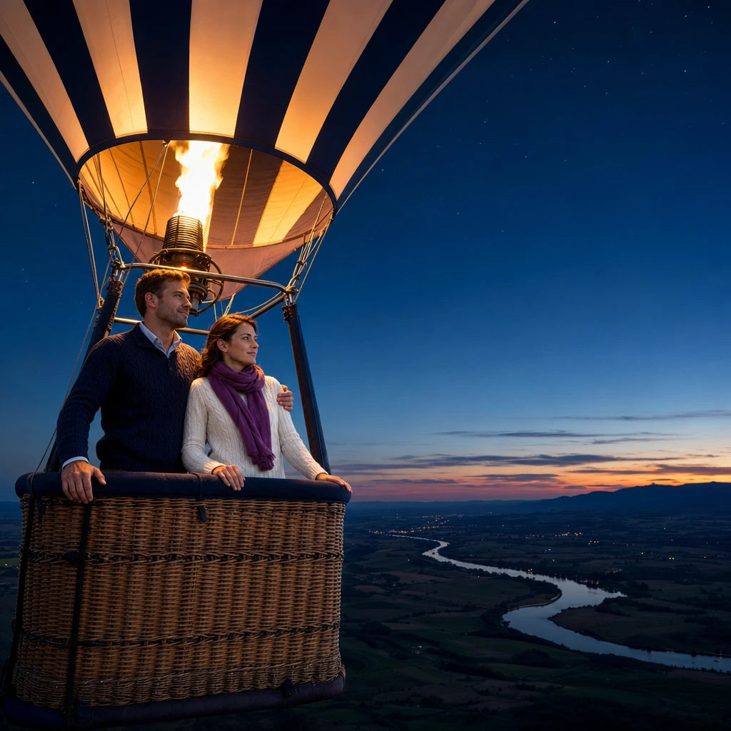 Striped hot air balloon rising over a river valley at dusk, Balloon Bliss experience gift