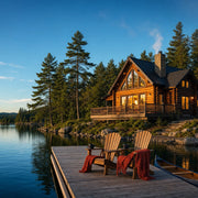Lakeside log cabin at evening with dock chairs and a canoe, Cabin Retreat experience gift