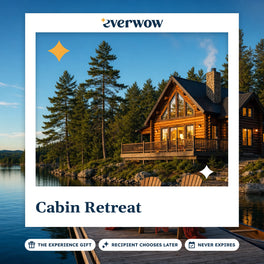 Everwow Cabin Retreat experience gift photo in a frame, lakeside cabin at evening