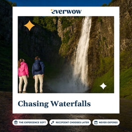 Everwow Chasing Waterfalls experience gift photo in a frame, hikers below a waterfall