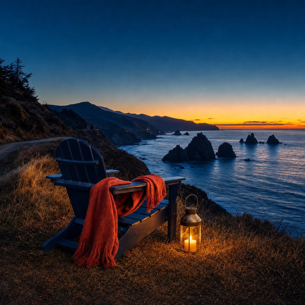 Adirondack chair and lit lantern on a coastal bluff at dusk, Coastal Escape experience gift
