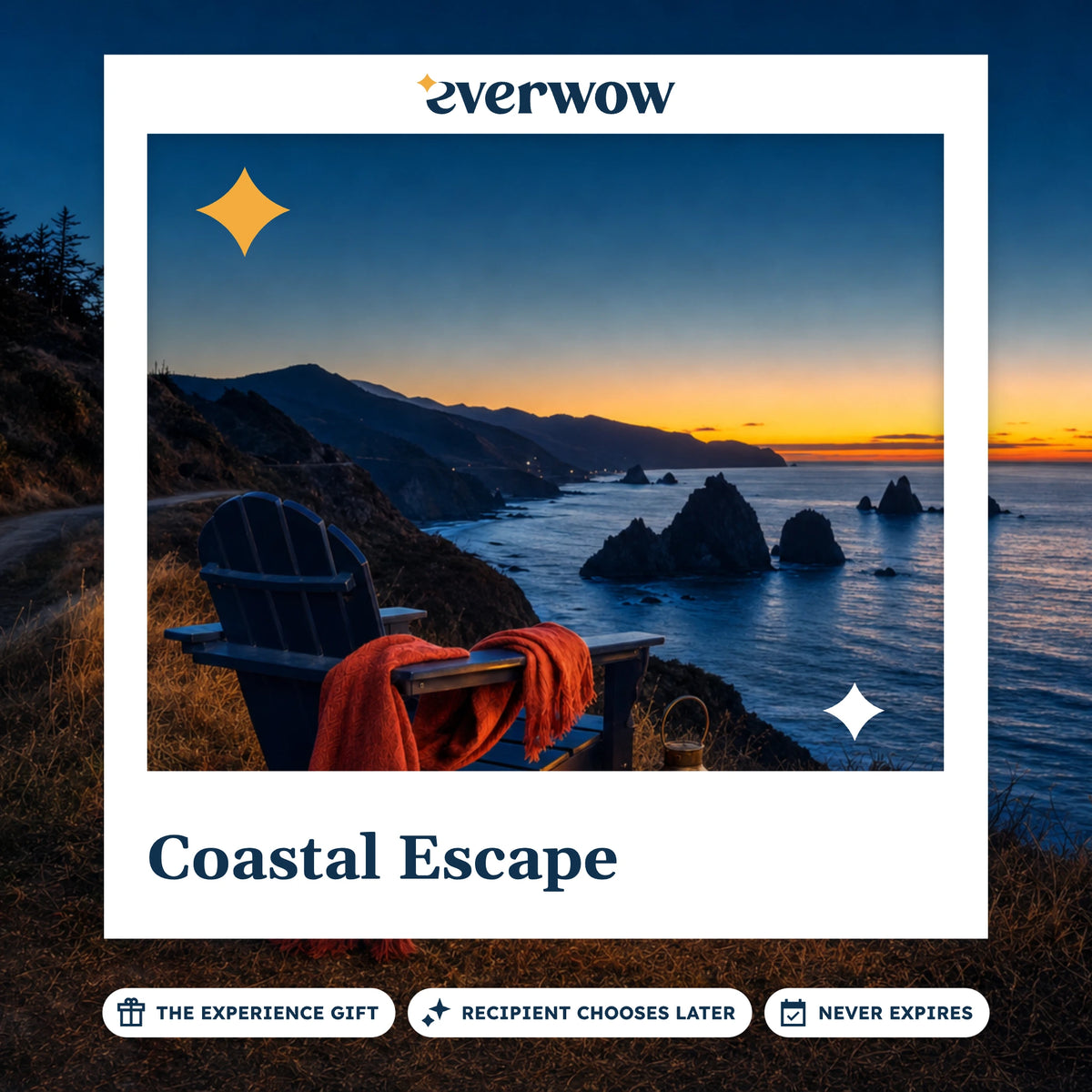 Everwow Coastal Escape experience gift photo in a frame, chair on a dusk bluff