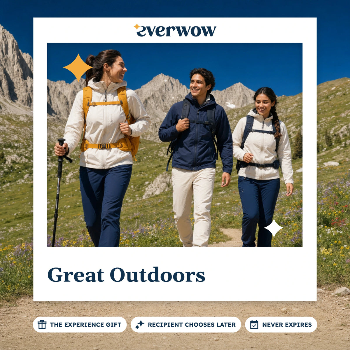 Everwow Great Outdoors experience gift photo in a frame, friends hiking an alpine trail