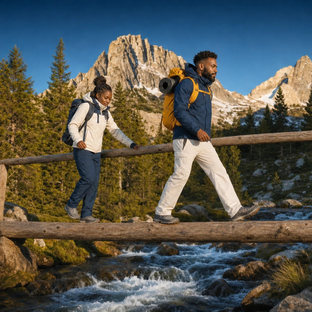 Two hikers crossing a log bridge over an alpine stream, Hit the Trail experience gift