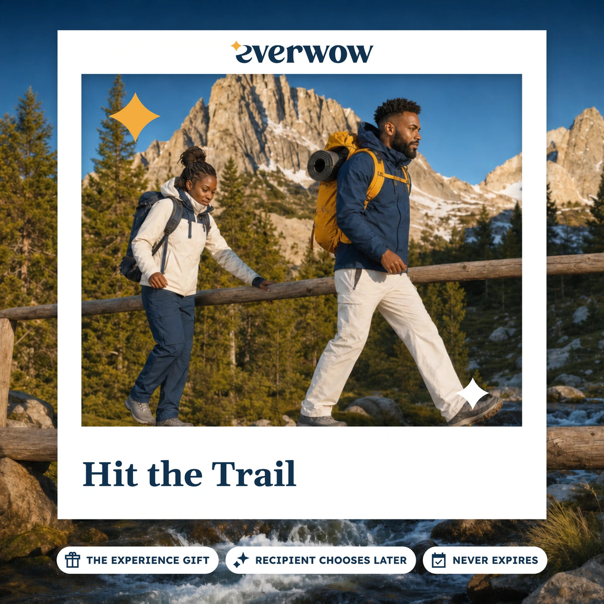 Everwow Hit the Trail experience gift photo in a frame, hikers on a log bridge