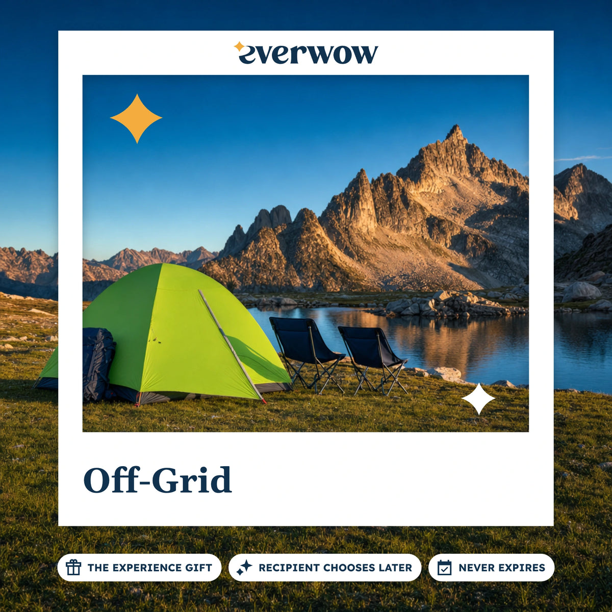Everwow Off-Grid experience gift photo in a frame, tent on an alpine plateau