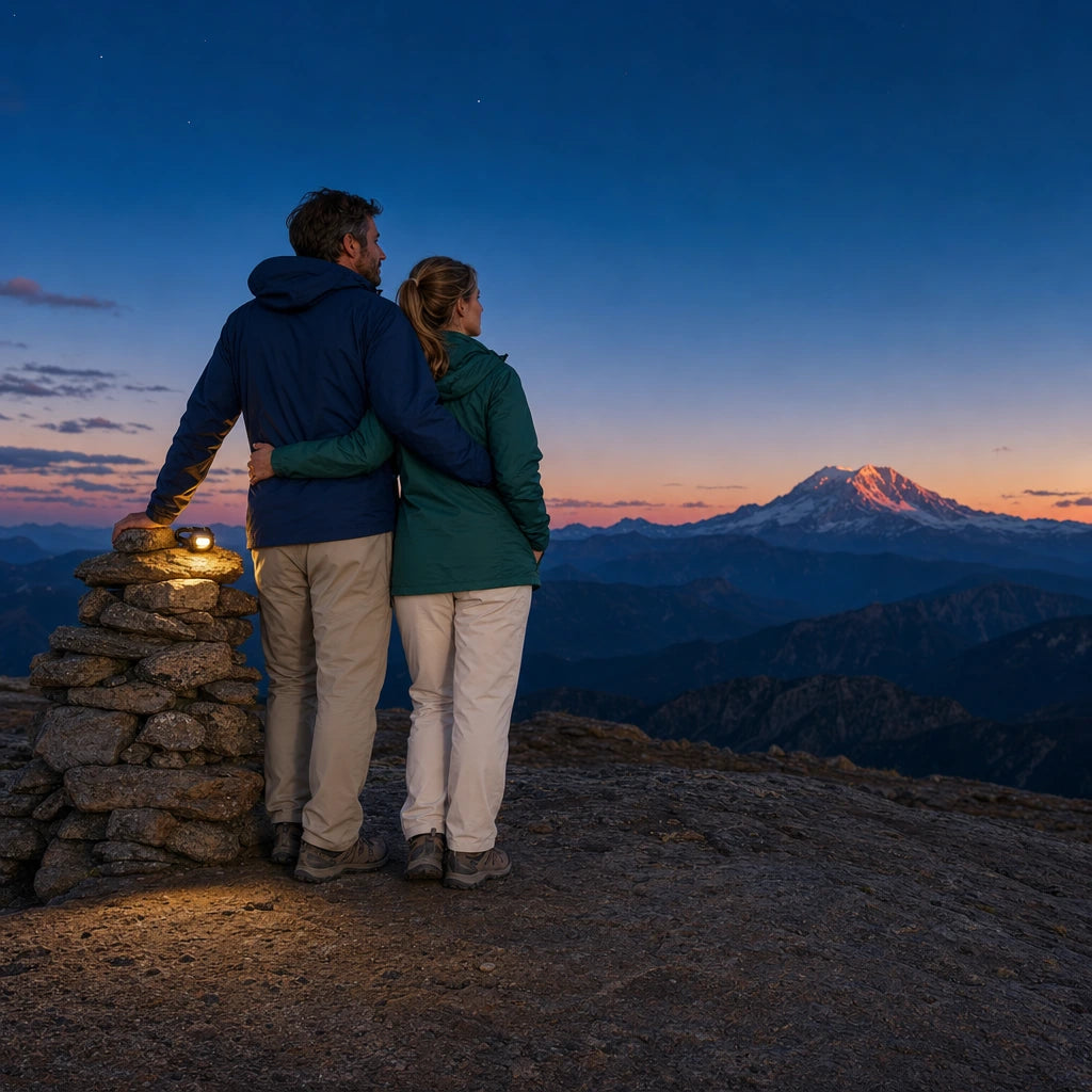 Couple standing close at a summit cairn at dusk lit by a headlamp, Peak Moments experience gift