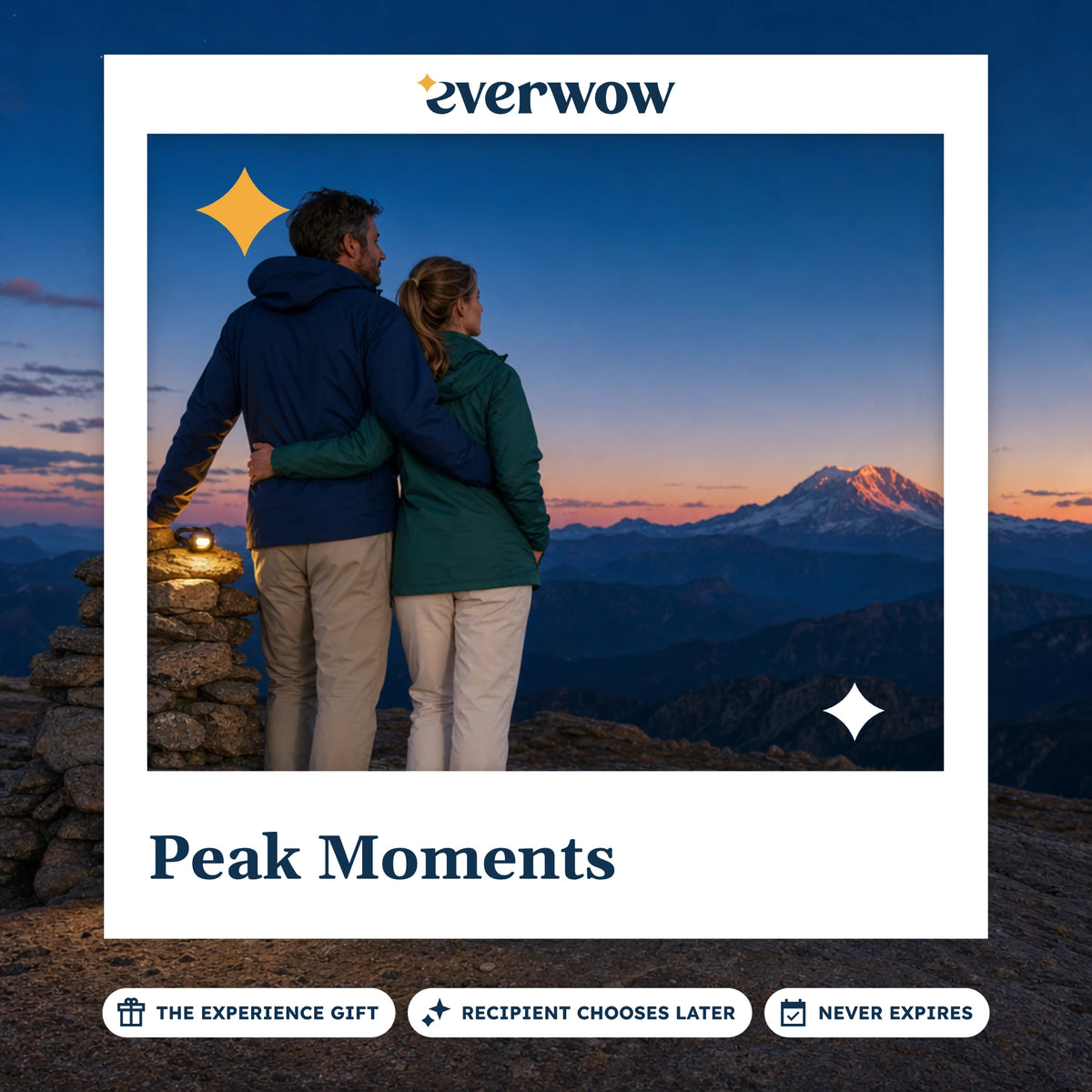 Everwow Peak Moments experience gift photo in a frame, couple at a summit at dusk