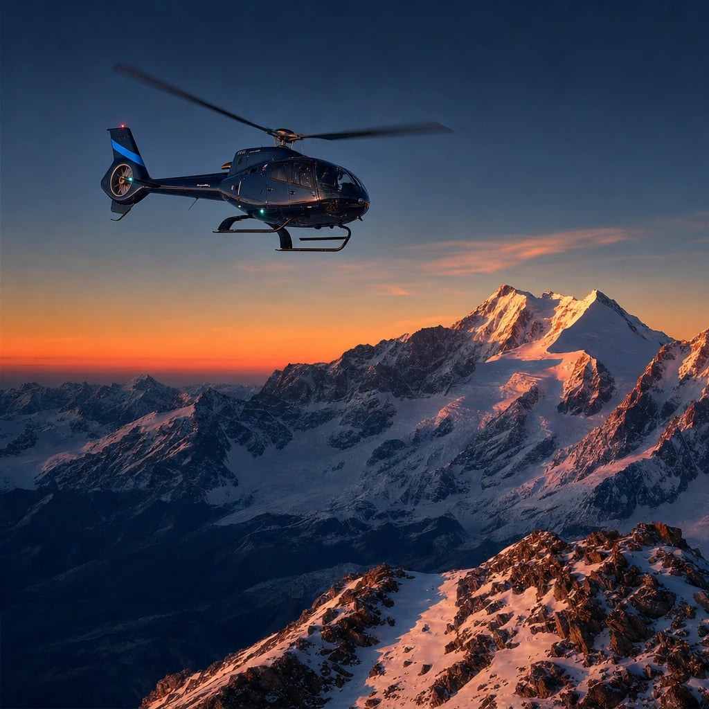 Helicopter banking over snowy peaks and glaciers at dusk, Scenic Flight experience gift