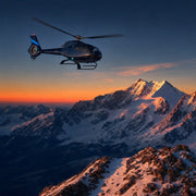 Helicopter banking over snowy peaks and glaciers at dusk, Scenic Flight experience gift