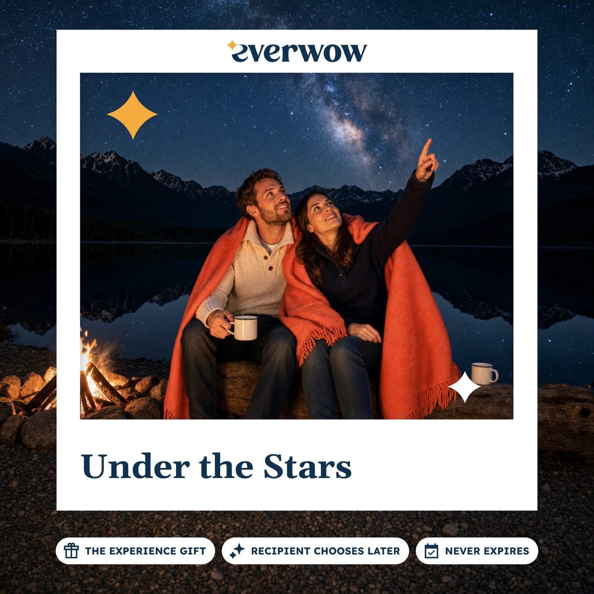 Everwow Under the Stars experience gift photo in a frame, lakeside campfire under stars