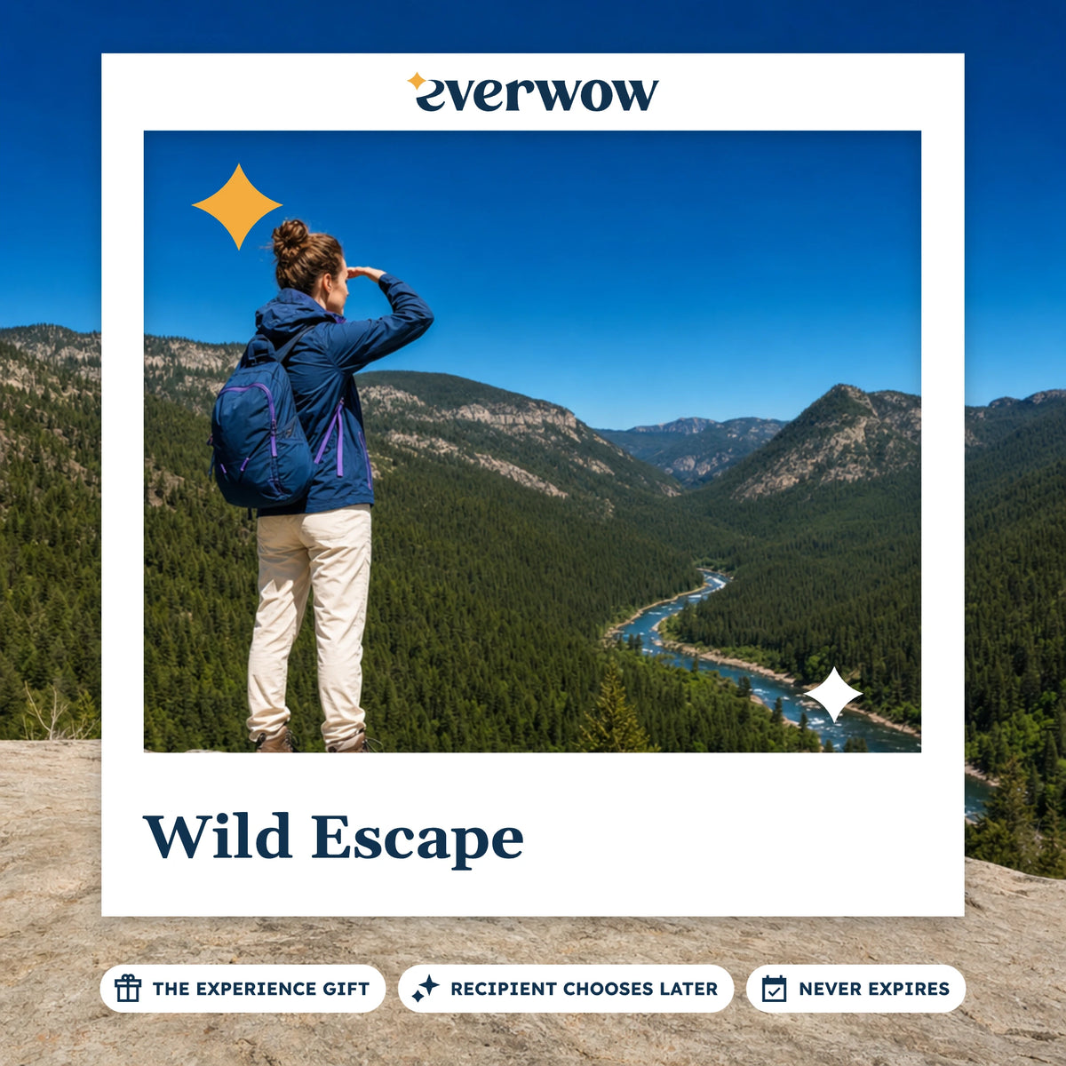 Everwow Wild Escape experience gift photo in a frame, hiker at a forest overlook