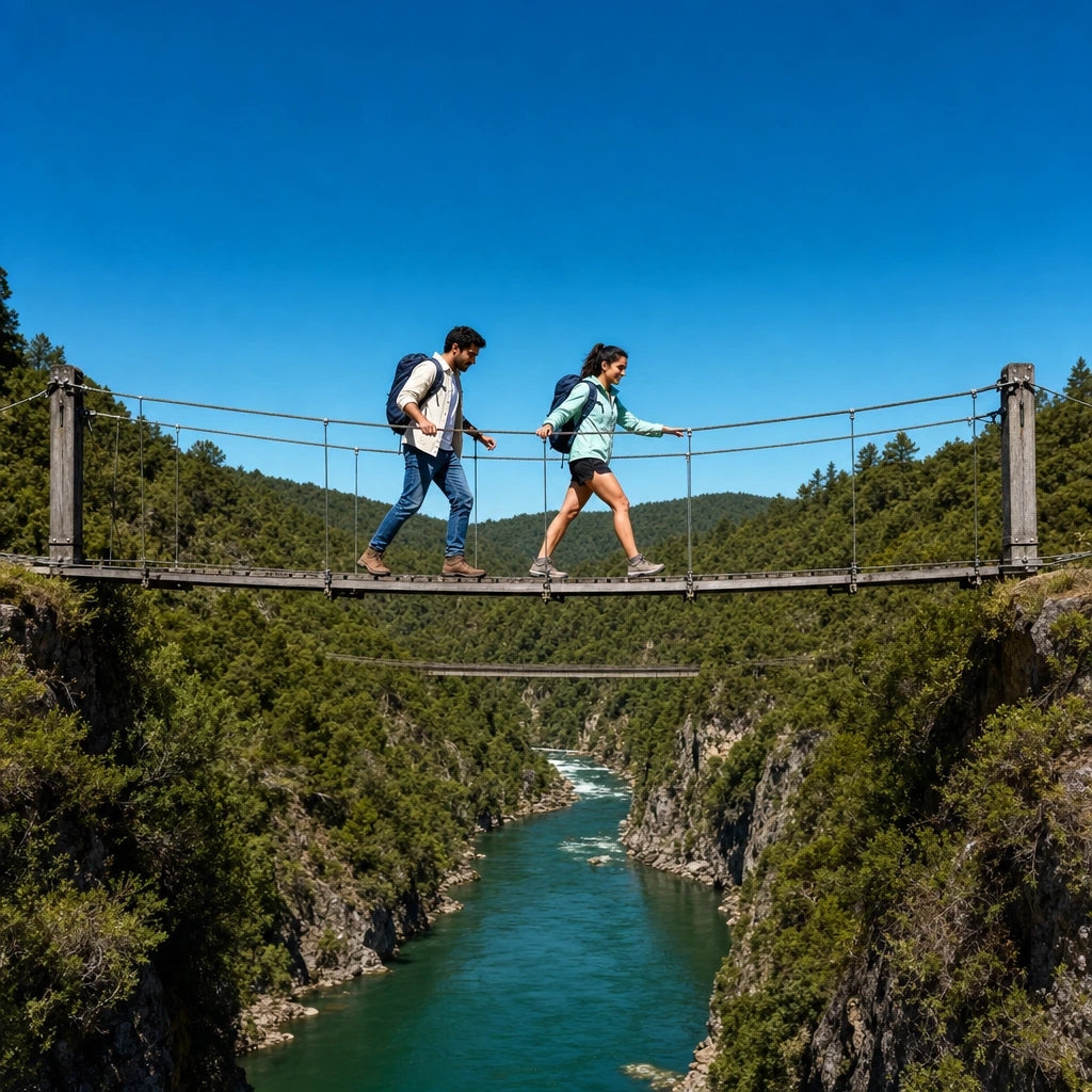 Two friends crossing a suspension footbridge above a river canyon, Adventure Experience Collection experience gift