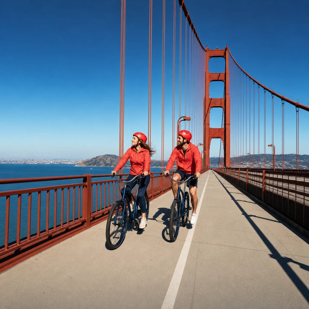 Two cyclists riding the bridge bike lane past a rust-orange tower, San Francisco Adventure experience gift