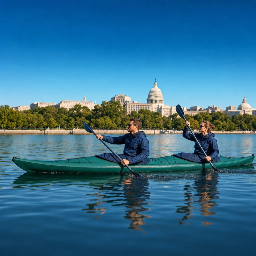 Couple paddling a tandem kayak on a calm tidal river, Washington DC Adventure Experience Collection experience gift