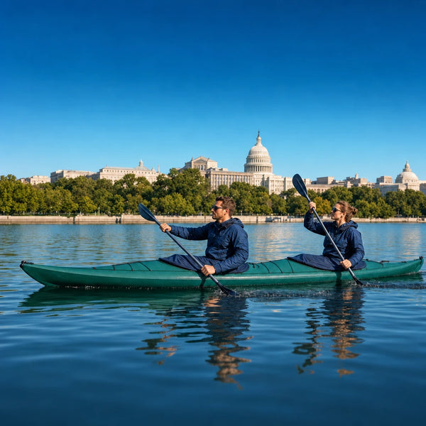 Couple paddling a tandem kayak on a calm tidal river, Washington DC Adventure Experience Collection experience gift