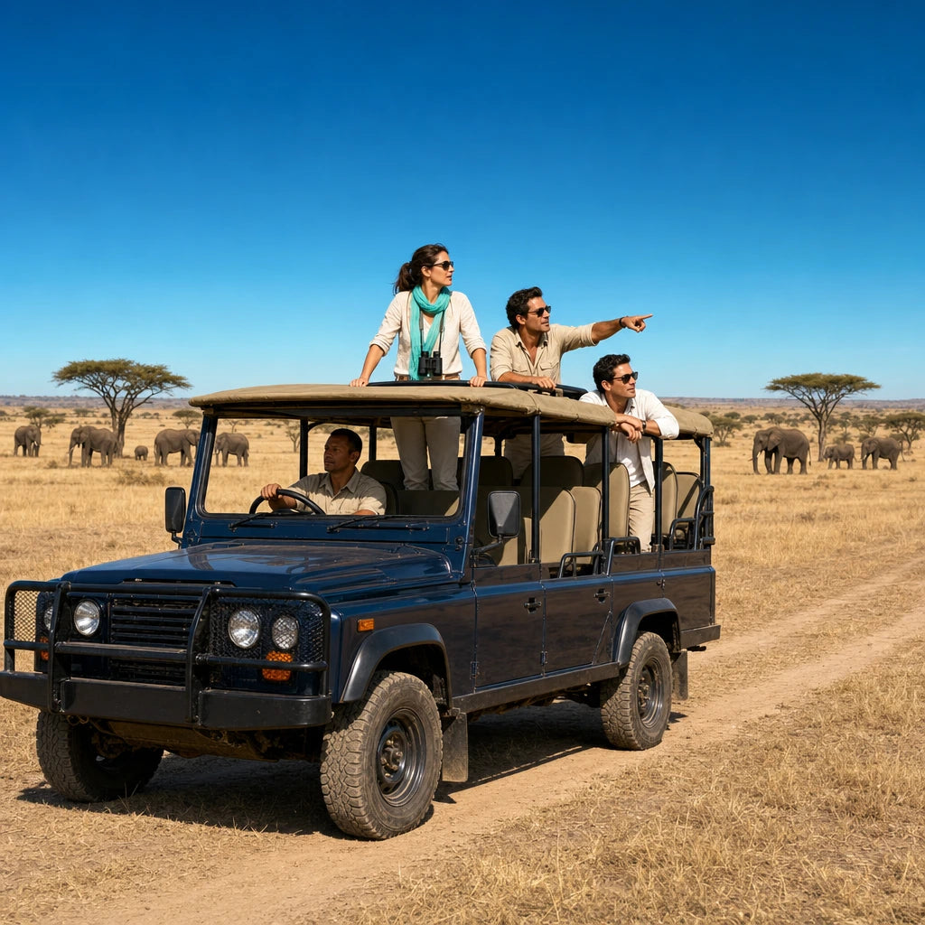 Safari guests watching a distant elephant herd from their vehicle, African National Parks Tour experience gift