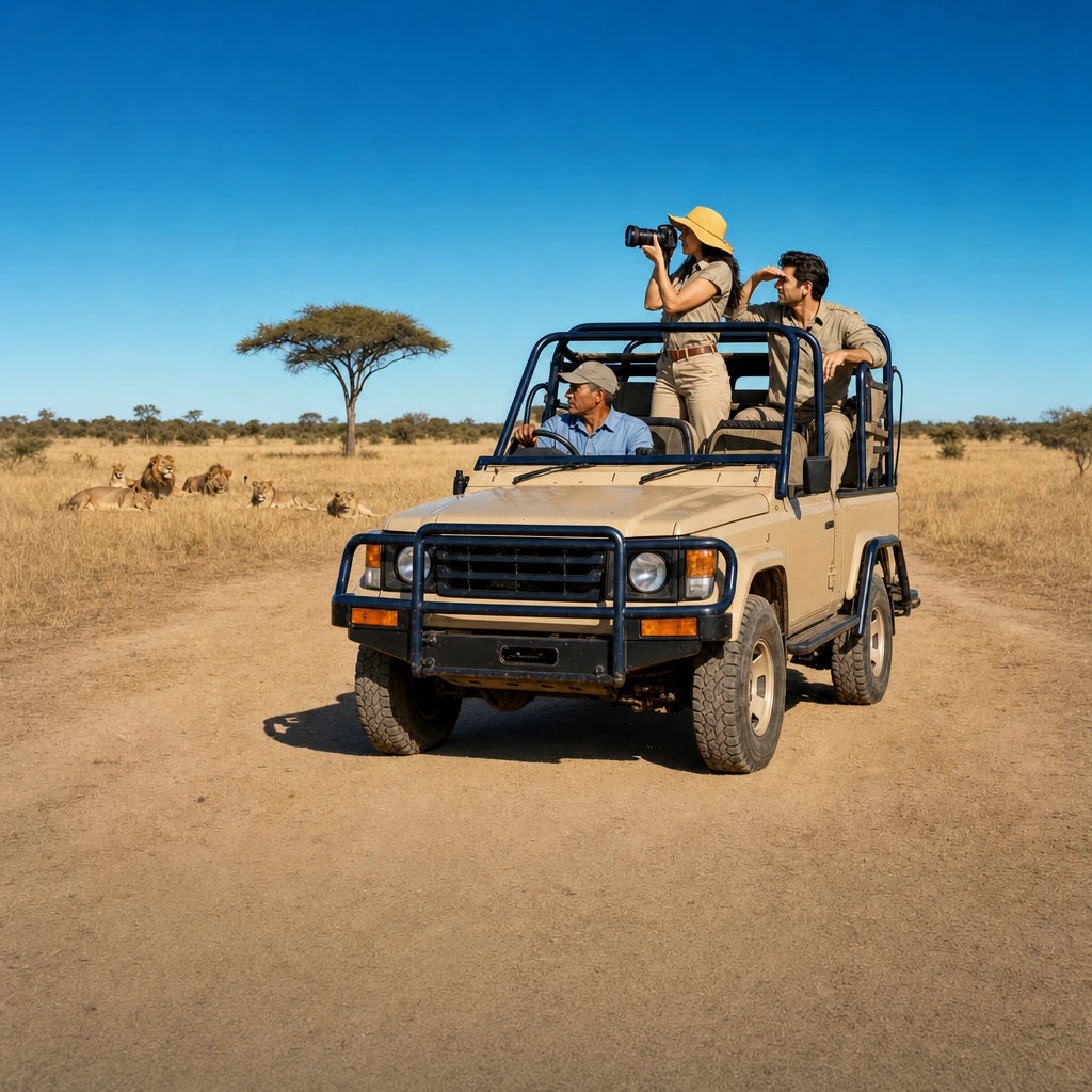 Safari jeep guests watching distant lions on a golden savanna, African Safari & Game Drive experience gift