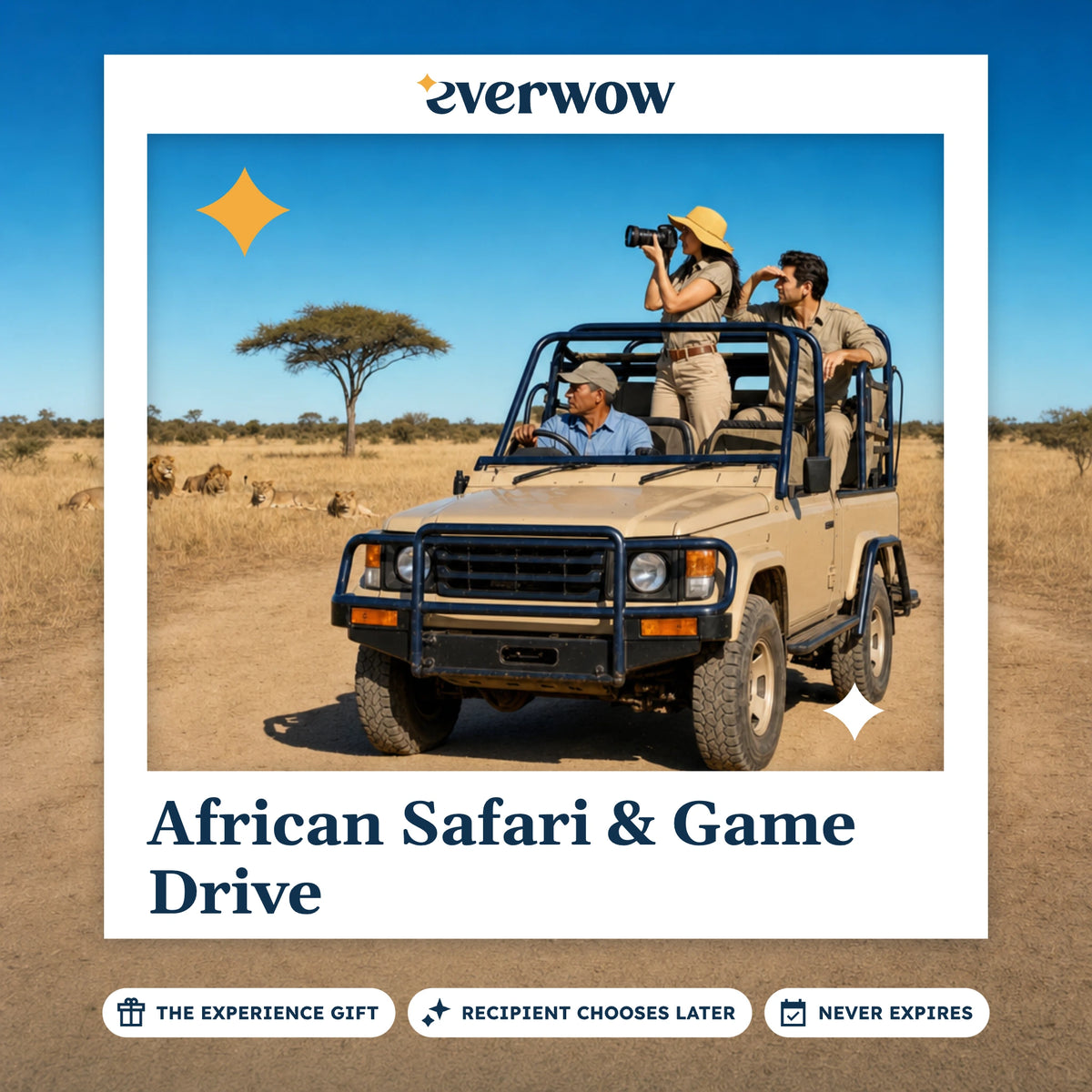 Everwow African Safari & Game Drive experience gift photo in a frame, safari jeep watching lions