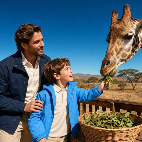 Child feeding leaves to a giraffe as a parent stands close, Animal Encounters Experience Collection experience gift
