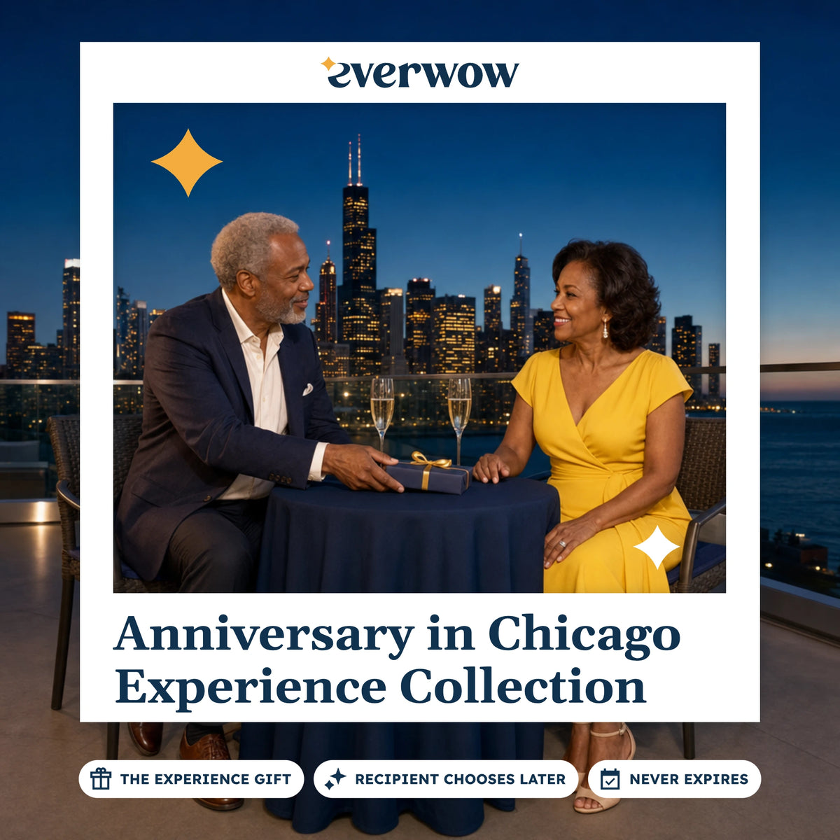 Everwow Anniversary in Chicago experience gift photo in a frame, rooftop dinner at dusk