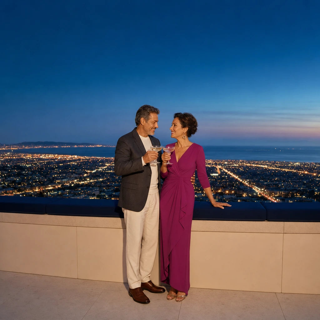 Couple toasting cocktails at a rooftop rail above the lit LA basin, Anniversary in Los Angeles experience gift