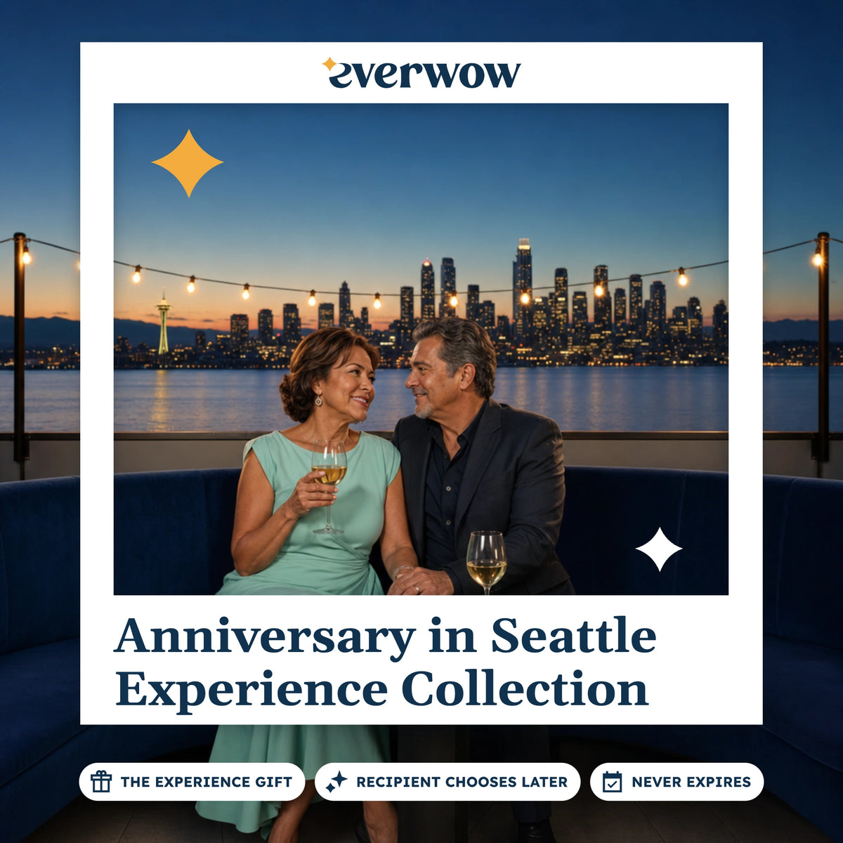 Everwow Anniversary in Seattle experience gift photo in a frame, rooftop lounge above the water