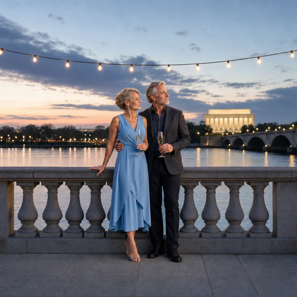 Couple toasting with champagne on a dusk waterfront terrace, Anniversary in Washington DC Experiences experience gift
