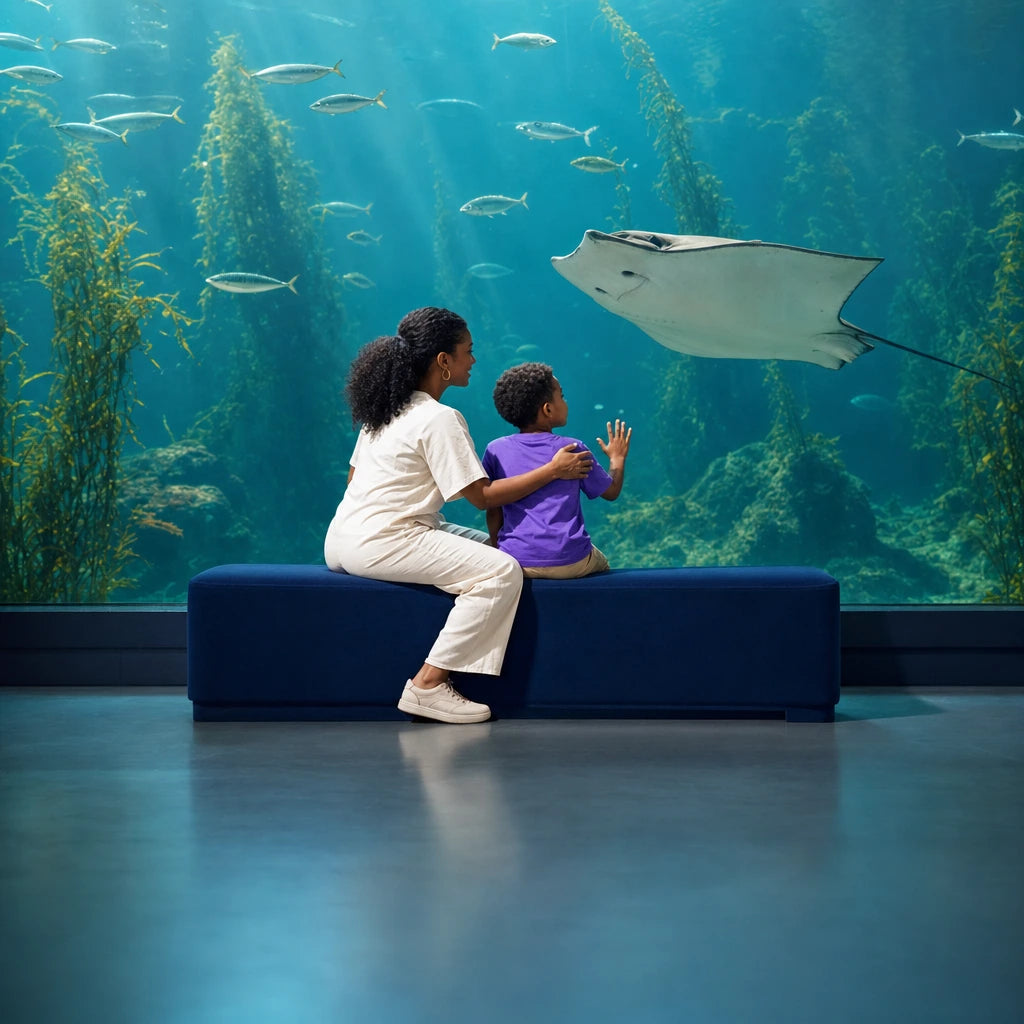 Boy pressing his hands to the glass as a ray glides past, Aquarium Visit experience gift