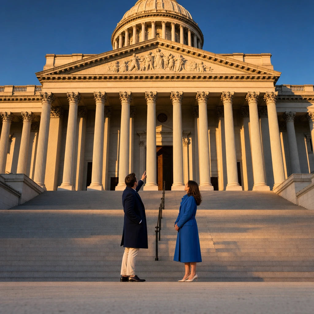 Two visitors admiring a grand neoclassical facade at evening, Architecture Tours Experience Collection experience gift