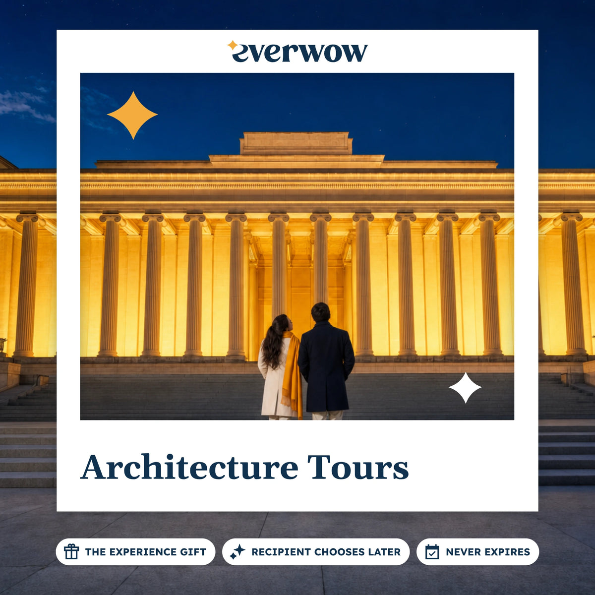Everwow Architecture Tours experience gift photo in a frame, pair below a lit colonnade