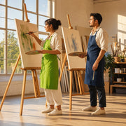 Two people painting at easels in a window-lit art studio, Art classes experience gift