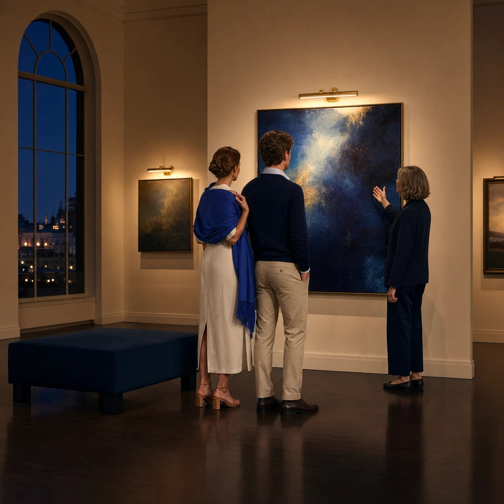 Guide showing a couple a painting on a private after-hours gallery tour, Art Tours experience gift