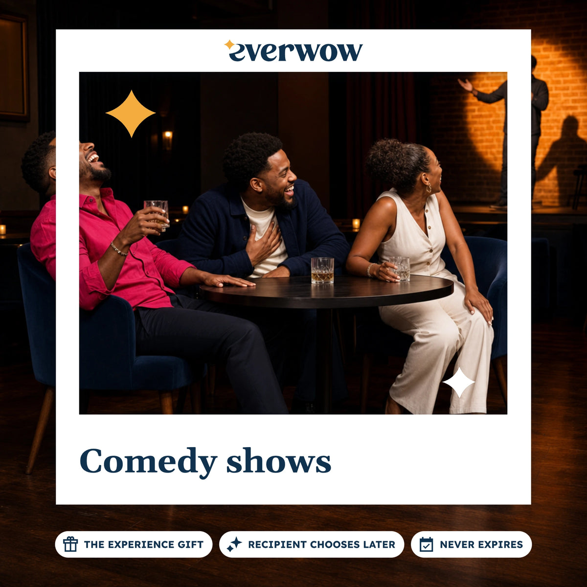 Everwow Comedy shows experience gift photo in a frame, friends laughing at the club