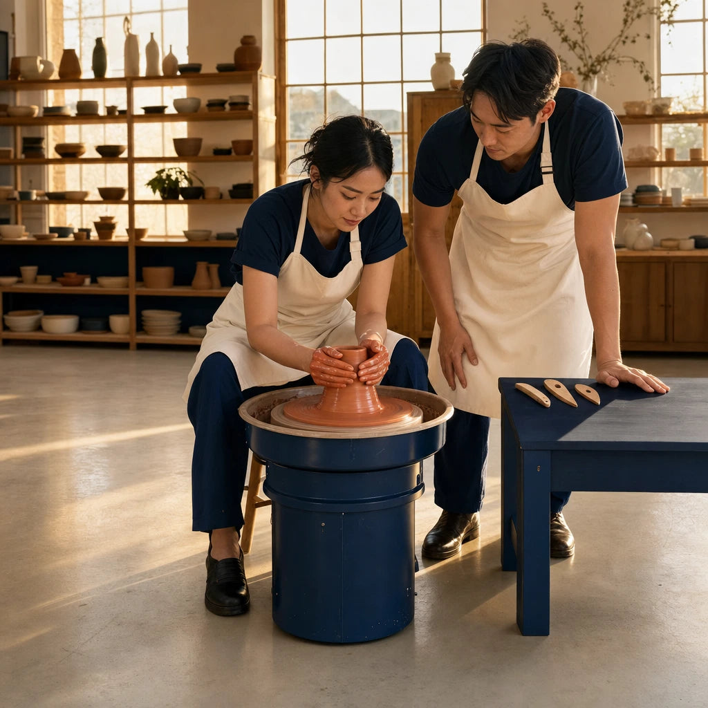 Woman shaping clay on a pottery wheel as her partner leans in, Craft Classes experience gift