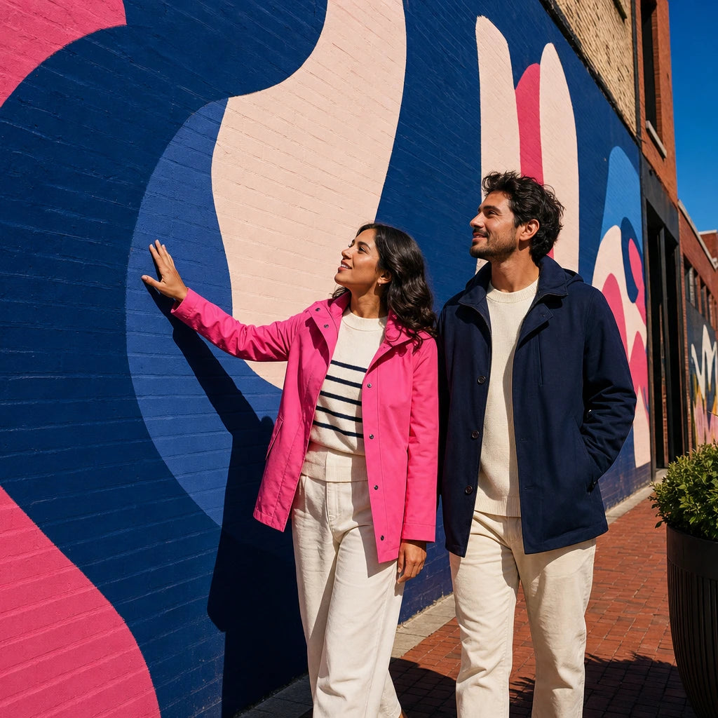 Two friends strolling past a vivid mural on a sunlit street, Street Art Tours experience gift